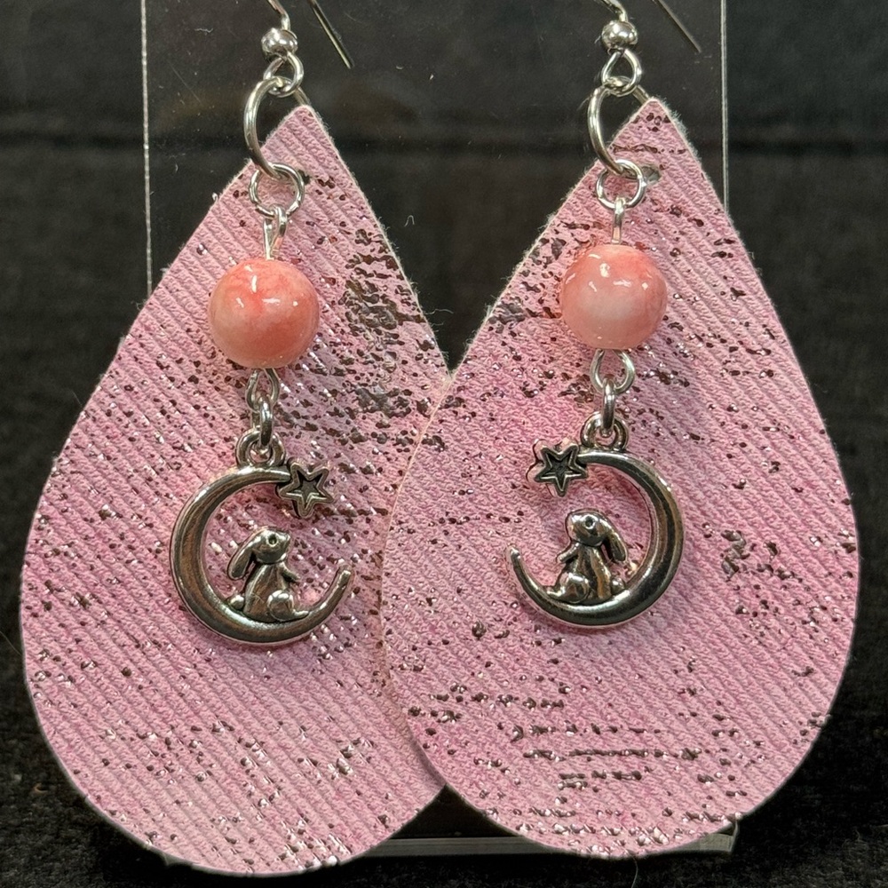 Chic Pink Teardrop Earrings with Silver Moon Bunny Charms